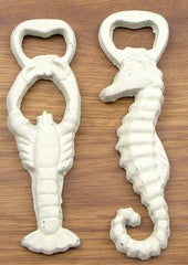 2 Piece Set Cast Iron White Seahorse and Lobster Bottle Openers Nautical Coastal Beach