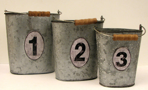 Country Primitive Metal Tin Buckets Storage Containers 3 Piece Set
