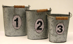 Country Primitive Metal Tin Buckets Storage Containers 3 Piece Set