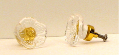 Drawer Door Pull Knob Clear Rose Cut Solid Crystal Glass Gold 2 Pieces