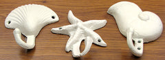 3 Piece Set Cast Iron White Beach Coastal Starfish Seashells Wall Mount Hooks Towel Holder