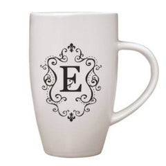 White Ceramic Coffee Tea Cup Mug Black Monogram E