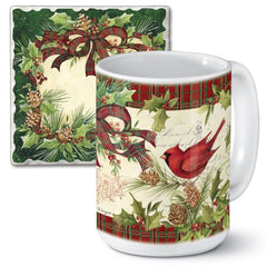 2 Piece Counter Art Ceramic Mug Coaster Set 15 oz Cardinal Bird Christmas Wreath